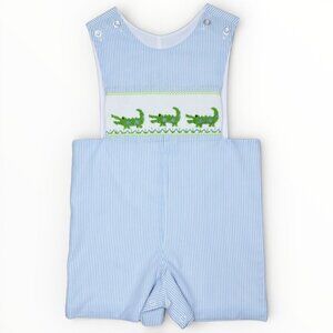 Boys Blue Alligator Gator Embroidered Smocked Shortalls Romper Outfit 12m - 18m